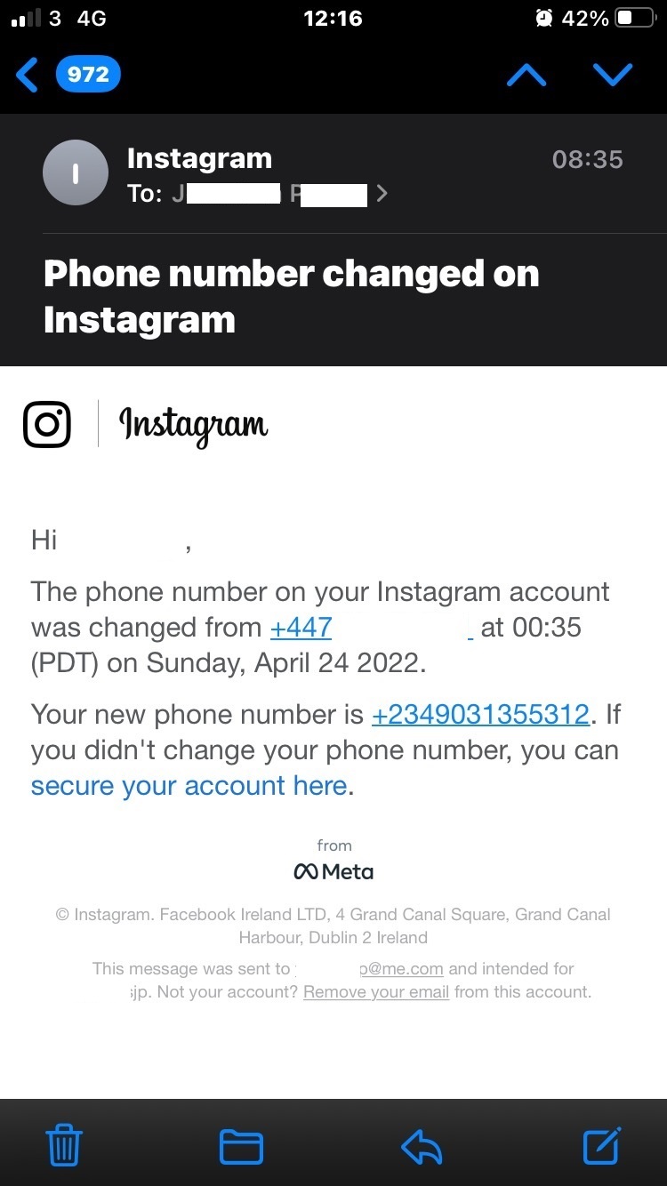 Instagram fake email change phishing attack