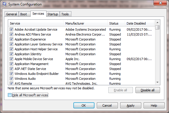 MSconfig.exe Services Tab