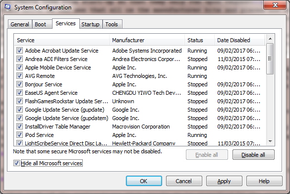 MSconfig.exe Services Tab Hide all Microsoft Services